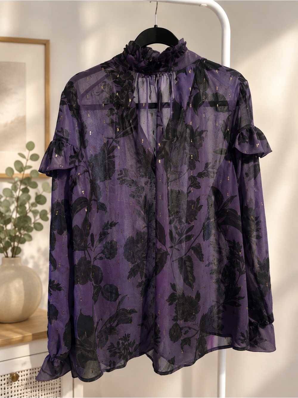 Chico's Purple Sheer Floral Blouse with Gold Accents